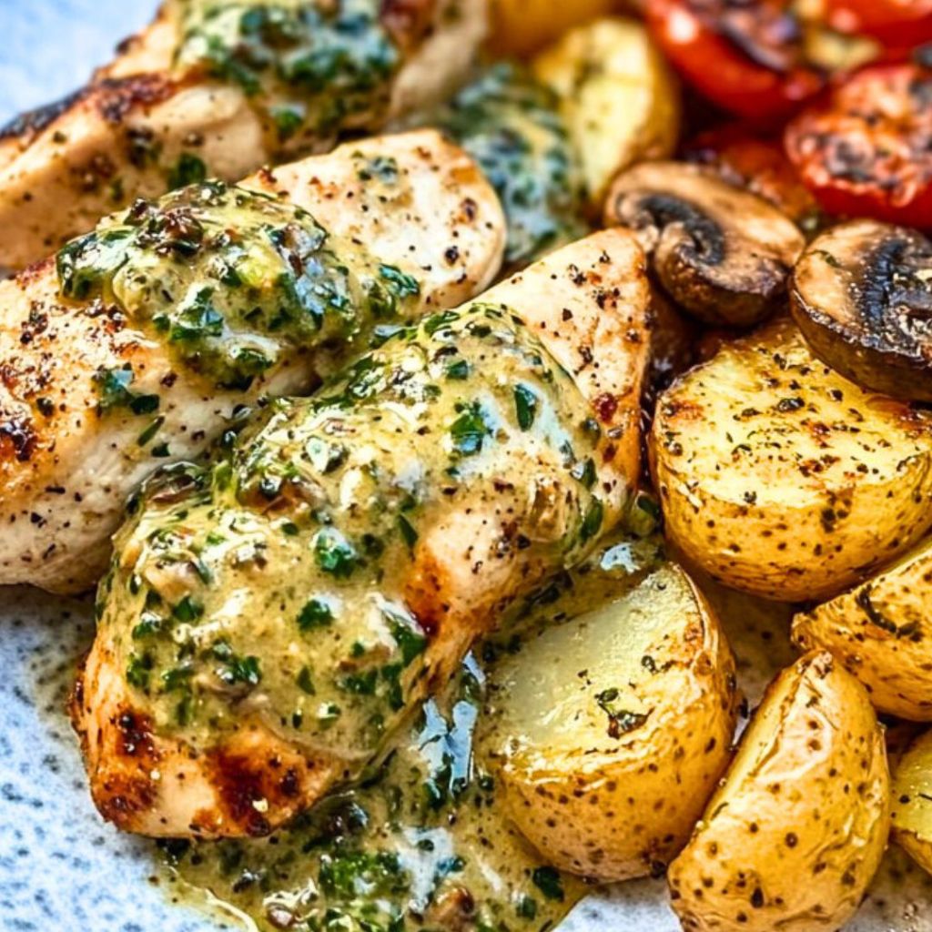 Tuscan Garlic Chicken & Crispy Potatoes with Sun-Dried Tomato Mushroom Pesto
