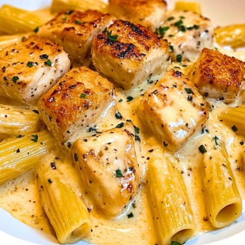 Creamy Garlic Butter Chicken and Rigatoni in Parmesan Sauce